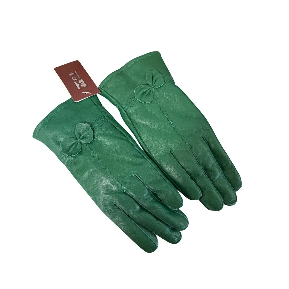 Tingyang Womens Leather Gloves Bow Accent Faux Fur Lined Pink Green‎ Set of 2